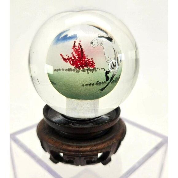 Hand-Painted Crystal Glass Ball Globe With Horses Asian Decor Wooden Stand je218 - Picture 4 of 8